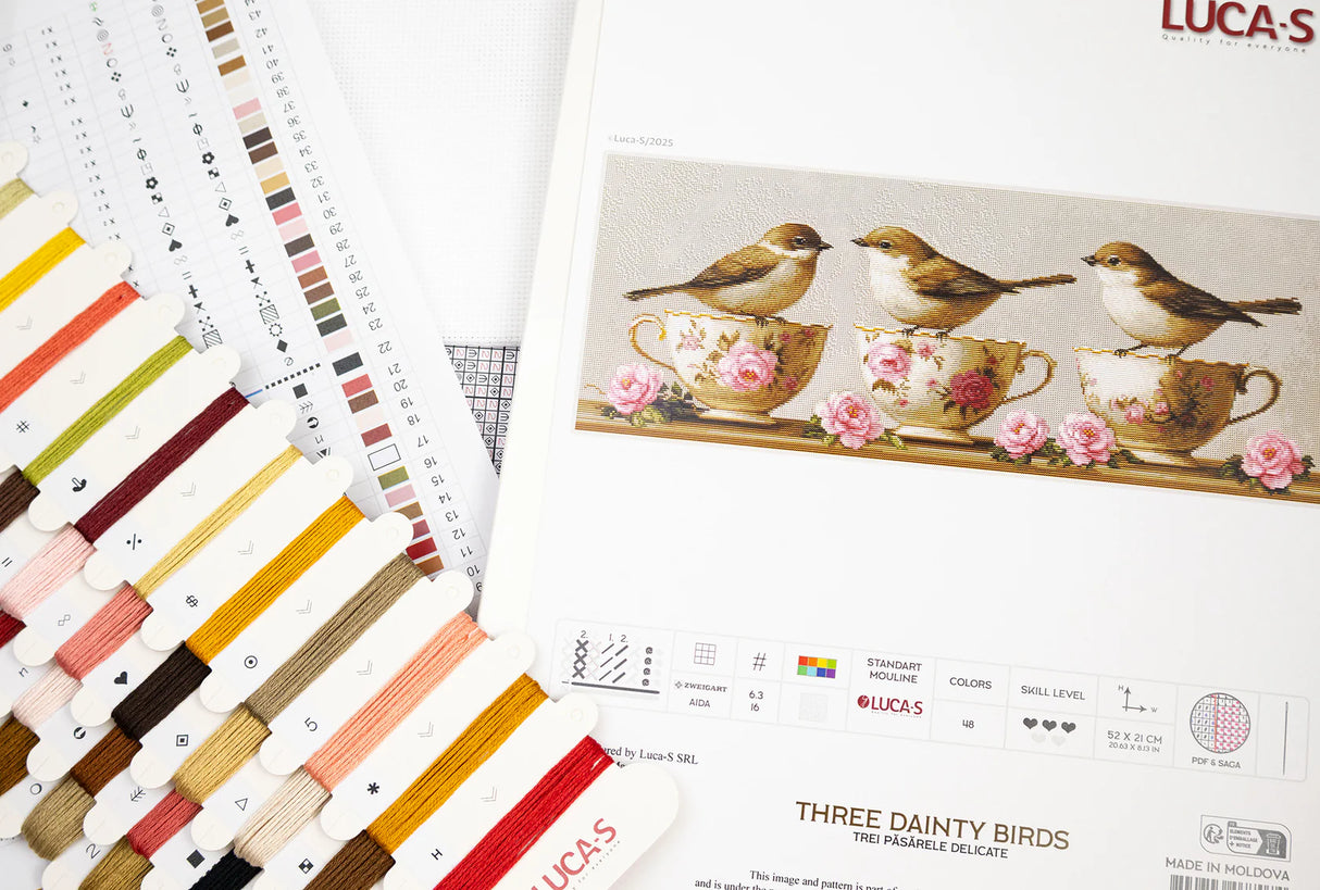Luca-S BU5092 – Three Dainty Birds | Kit de punto de cruz con pajaritos y tazas de porcelana
