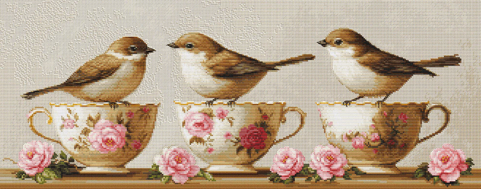 Luca-S BU5092 – Three Dainty Birds | Kit de punto de cruz con pajaritos y tazas de porcelana