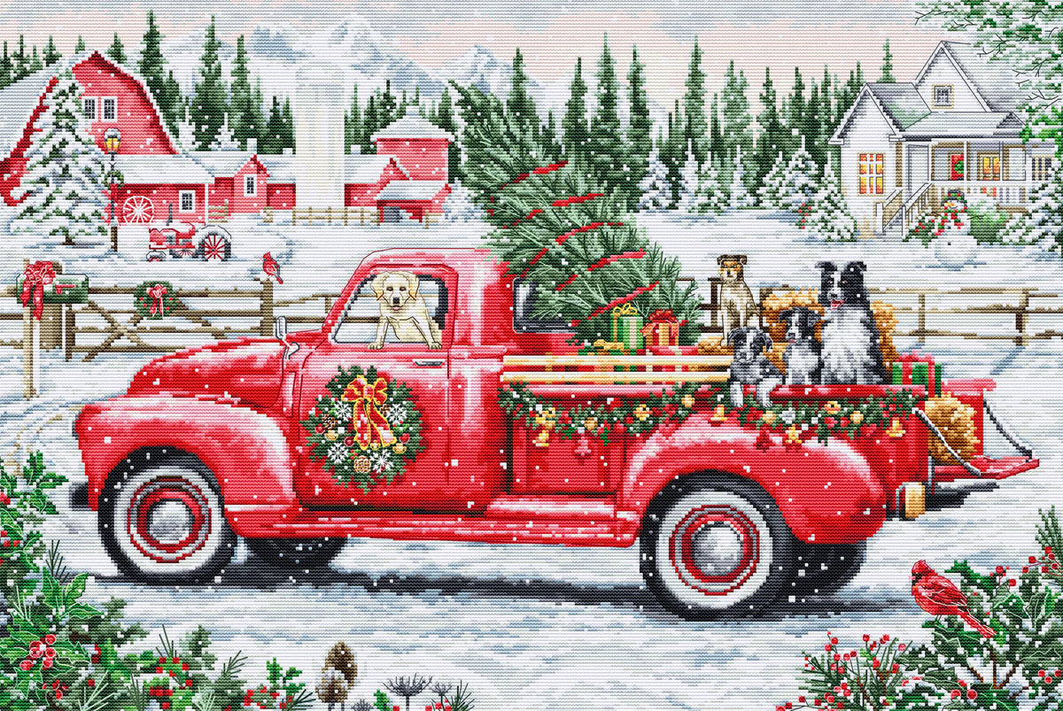 Kit de punto de cruz Luca-S GOLD BU5101 Red Christmas Truck escena navideña con camión rojo