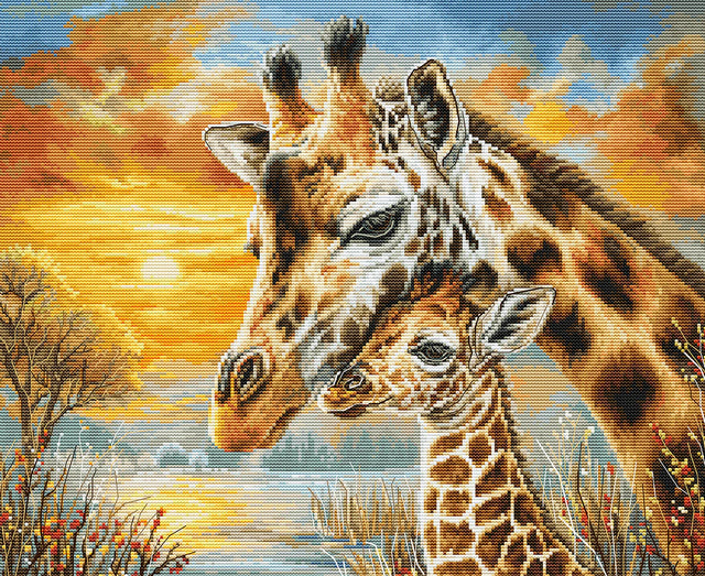 Kit de punto de cruz Luca-S GOLD BU5109 Giraffe Cuddle con dos jirafas abrazadas en un paisaje cálido de tonos dorados.