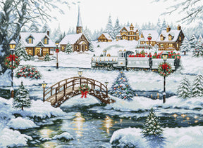 Kit de punto de cruz Luca-S Gold BU5111 Luces Heladas con un paisaje invernal iluminado por cálidas luces entre la nieve, bordado sobre tela Zweigart.