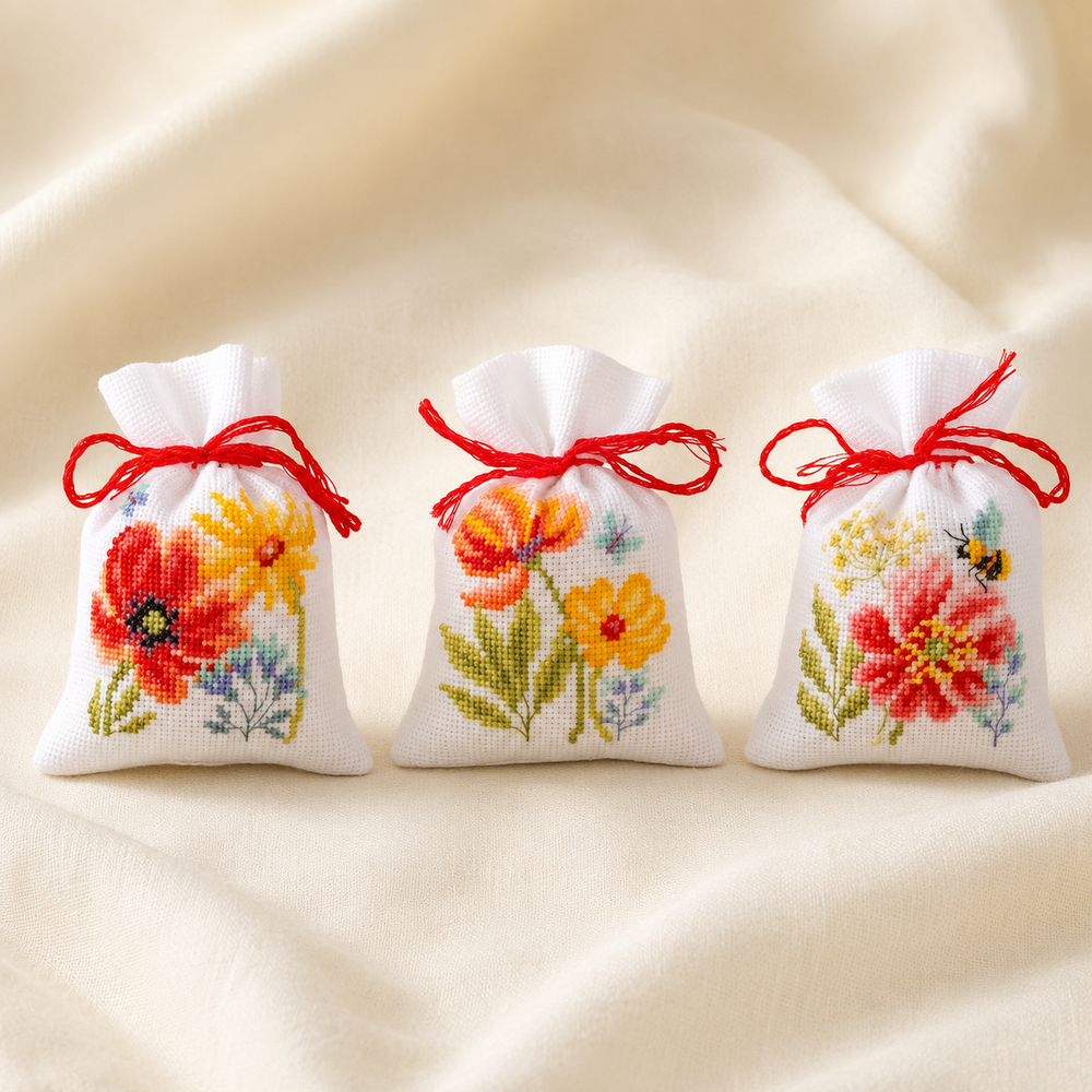 Kit bolsas Vervaco Poppies and Wildflowers set de 3 con amapolas y flores silvestres