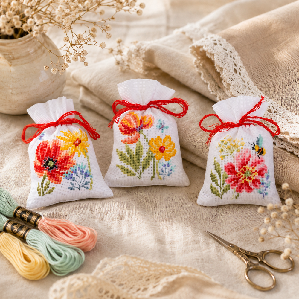 Kit bolsas Vervaco Poppies and Wildflowers set de 3 con amapolas y flores silvestres