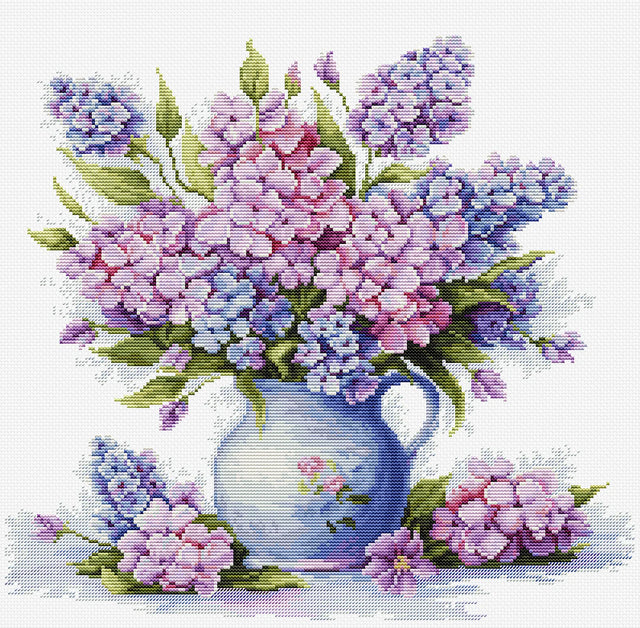 Kit punto de cruz Luca-S B7059 jarrón con flores rosadas bordado en Aida 16 ct