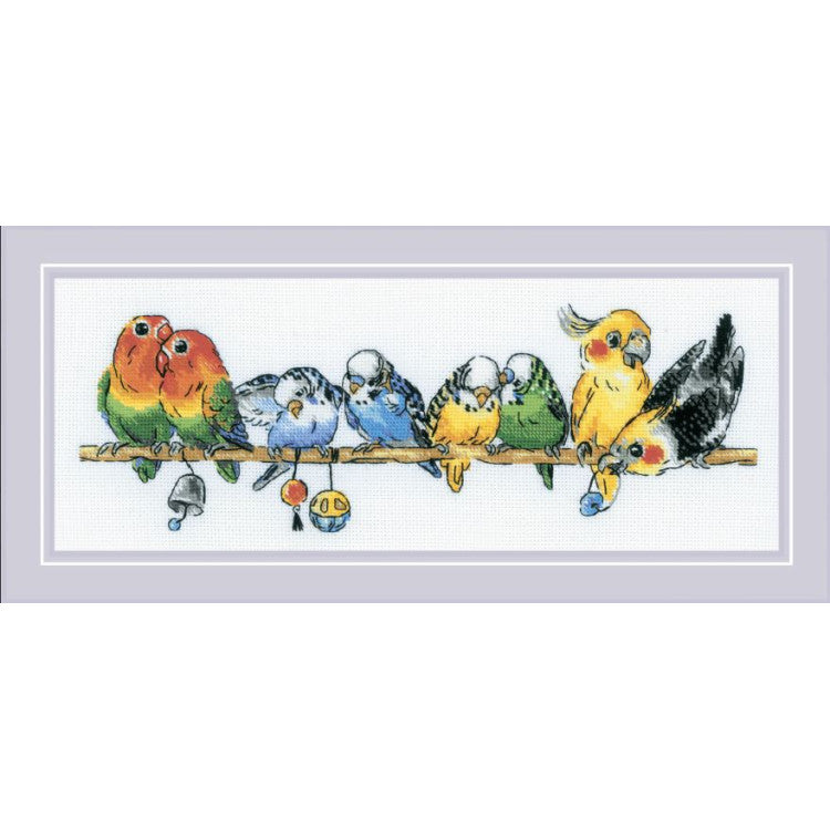 Kit punto de cruz Riolis Parrots 2317 pájaros coloridos posados en rama