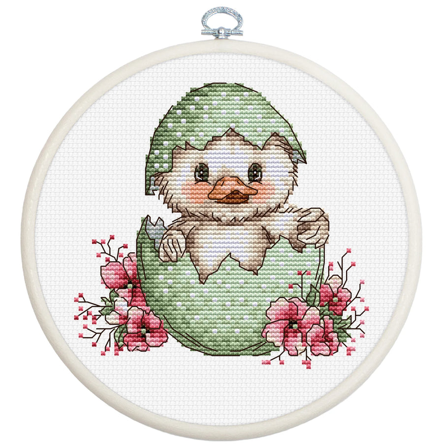 Kit de punto de cruz con bastidor Luca-S La primera sonrisa de primavera BC238 con patito saliendo del cascarón y flores rosas