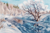 Kit de punto de cruz Oven Azul de febrero 1710 con paisaje invernal nevado, río y árboles cubiertos de nieve