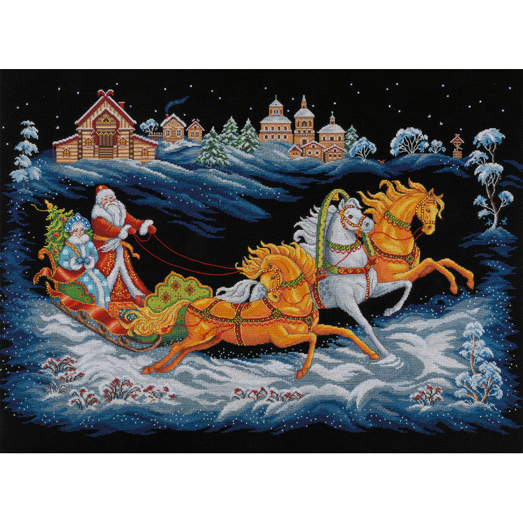 Kit de punto de cruz PANNA Father Frost’s Troika PPR-7531 Bordado navideño en Aida negra