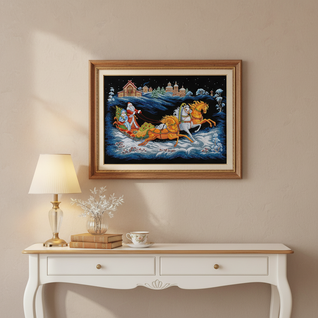 Kit de point de croix PANNA « La troïka du Père Gel » PPR-7531 – Broderie de Noël sur toile Aïda noire