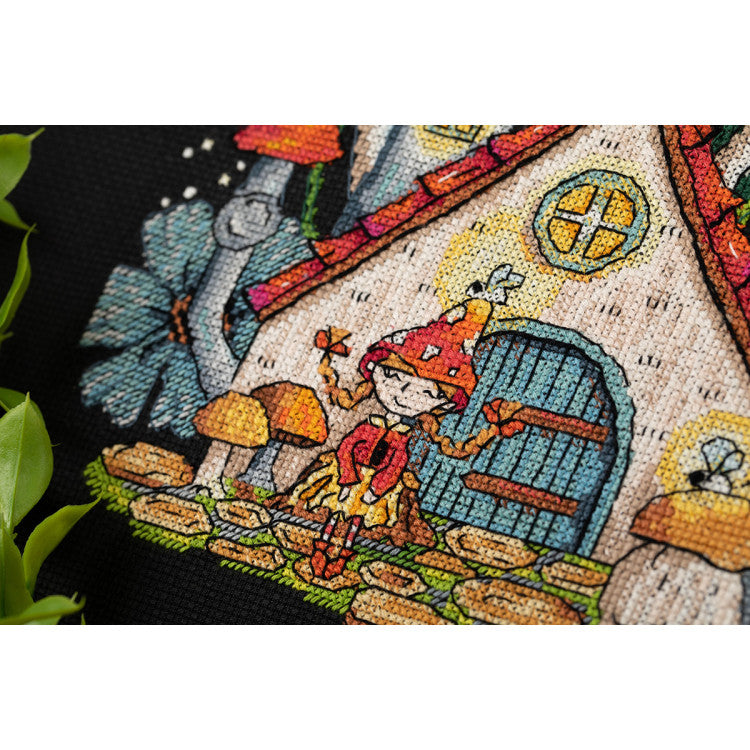PANNA “Mushroom House” Cross Stitch Kit PVS-7321 – Mushroom House on Black Aida