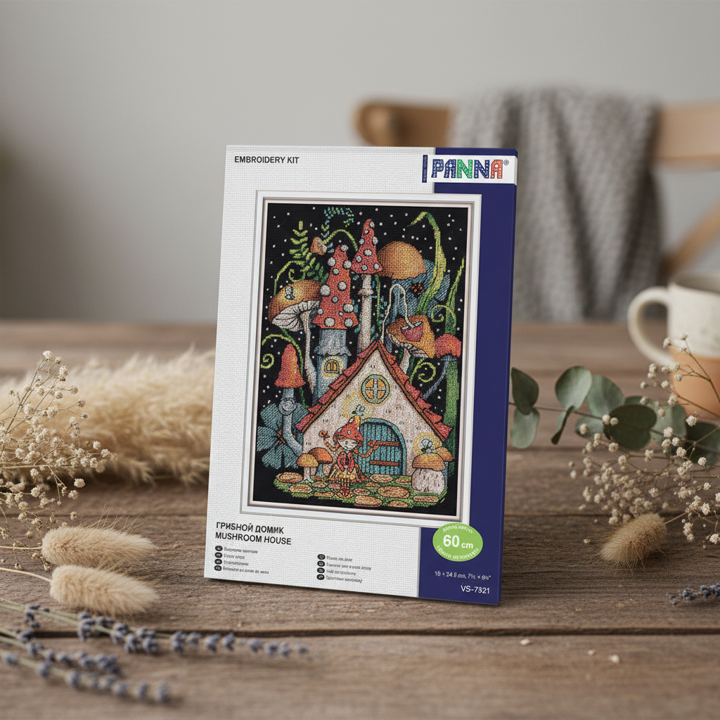 Kit de point de croix PANNA « Maison Champignon » PVS-7321 – Maison Champignon sur toile Aïda noire