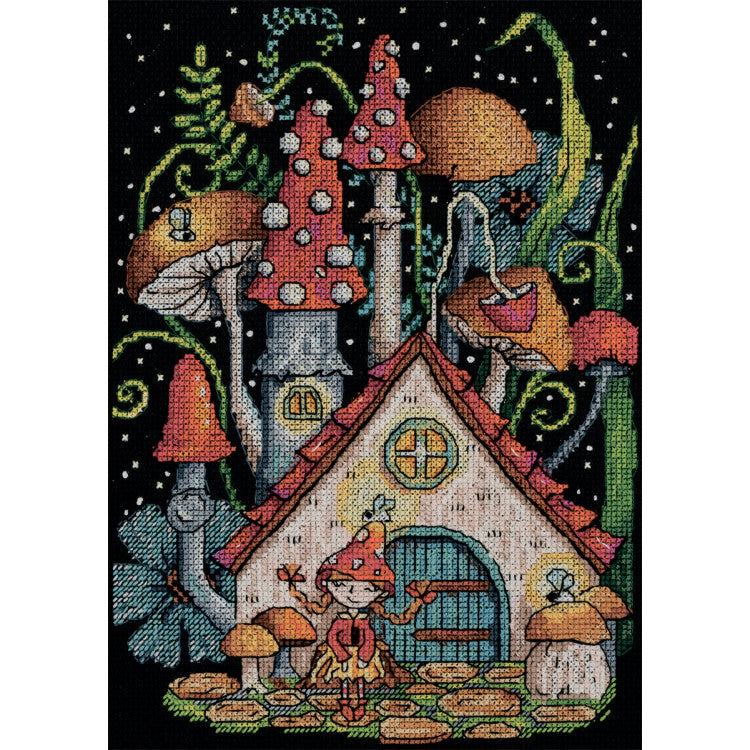 Kit de punto de cruz PANNA Mushroom House PVS-7321 Casa de setas en Aida negra