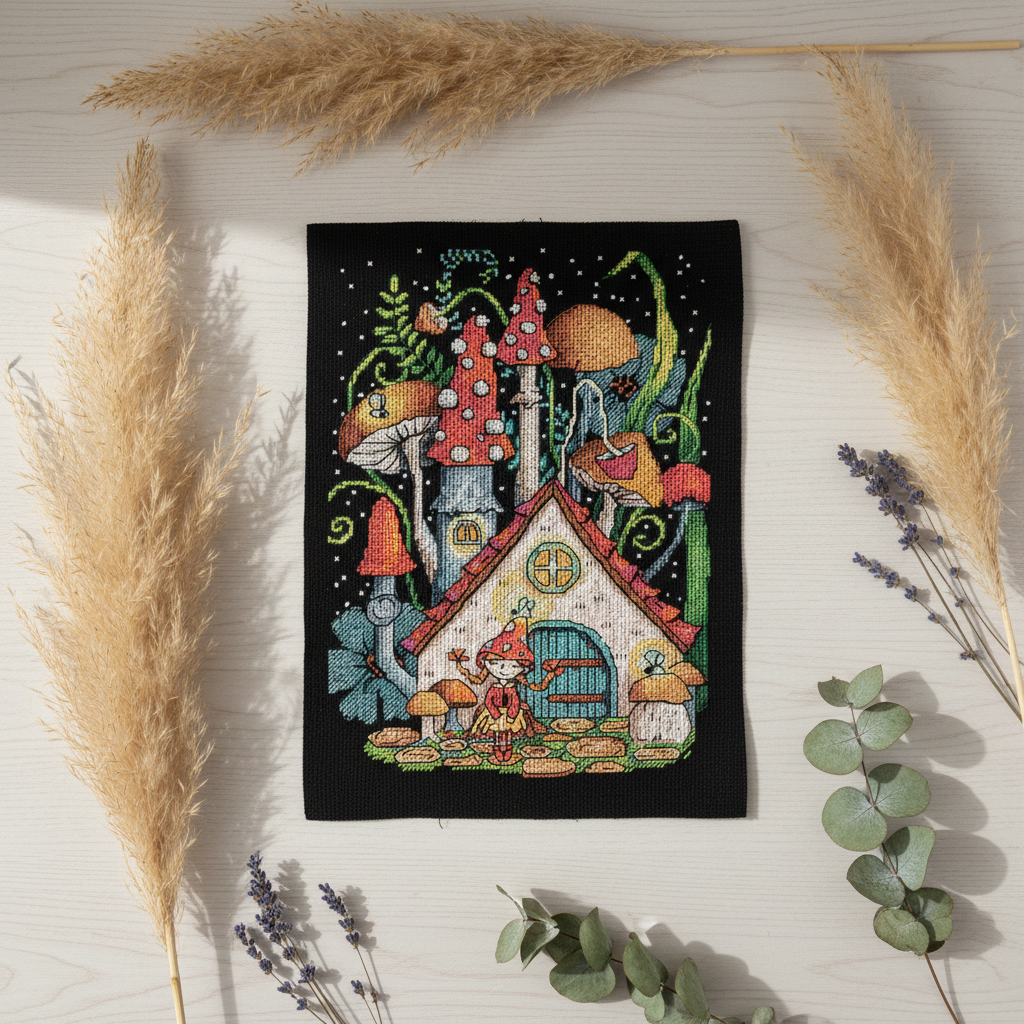 Kit de punto de cruz PANNA “Mushroom House” PVS-7321 – Casa de setas en Aida negra