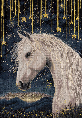 Kit de punto de cruz PANNA Bajo el cielo estrellado PJ-7537 con caballo blanco sobre fondo negro y estrellas doradas