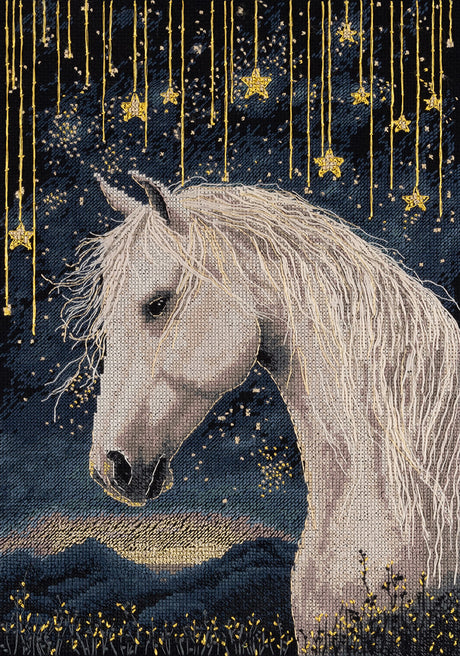 Kit de punto de cruz PANNA Bajo el cielo estrellado PJ-7537 con caballo blanco sobre fondo negro y estrellas doradas