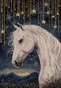 Kit de punto de cruz PANNA Bajo el cielo estrellado PJ-7537 con caballo blanco sobre fondo negro y estrellas doradas