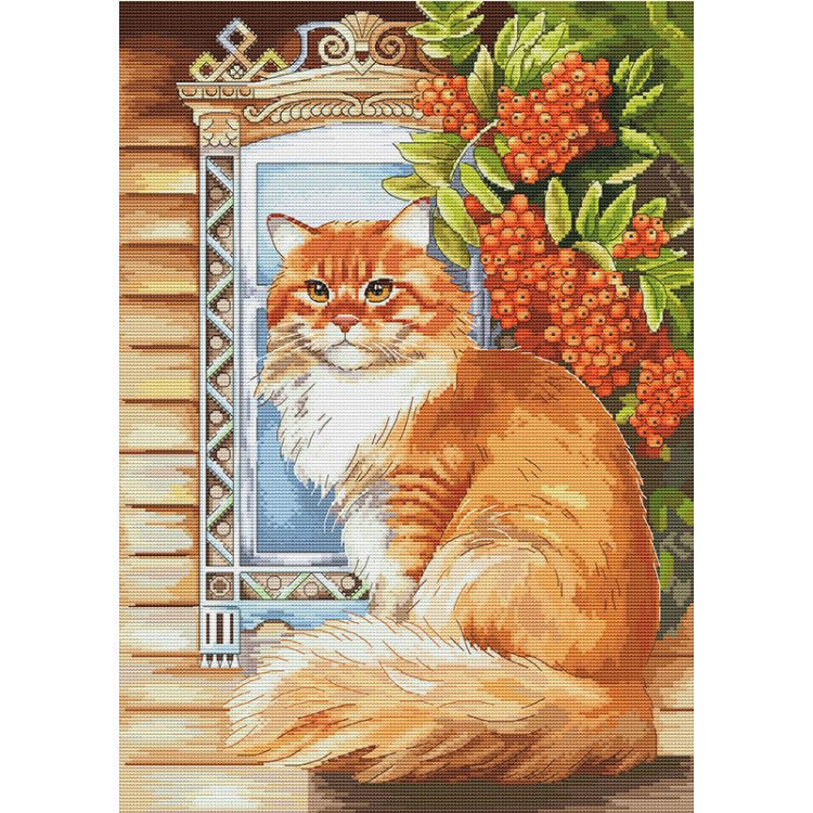 Kit de punto de cruz Andriana Gato pelirrojo SANR-59 con gato naranja de pelo largo junto a una ventana con frutos rojos
