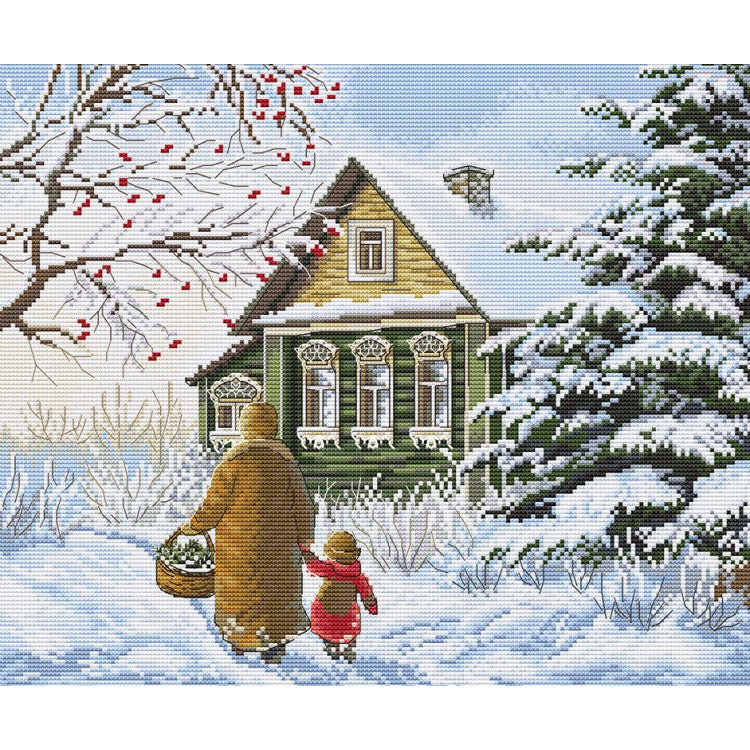 Kit de punto de cruz Andriana Felicidad tranquila SANT-20 con escena invernal de una niña y un adulto caminando hacia una casa nevada