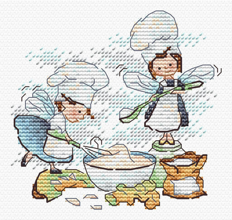 Kit de punto de cruz MP Studia Magia en la cocina SM-983 con escena de fantasía de pequeños personajes cocinando en la cocina