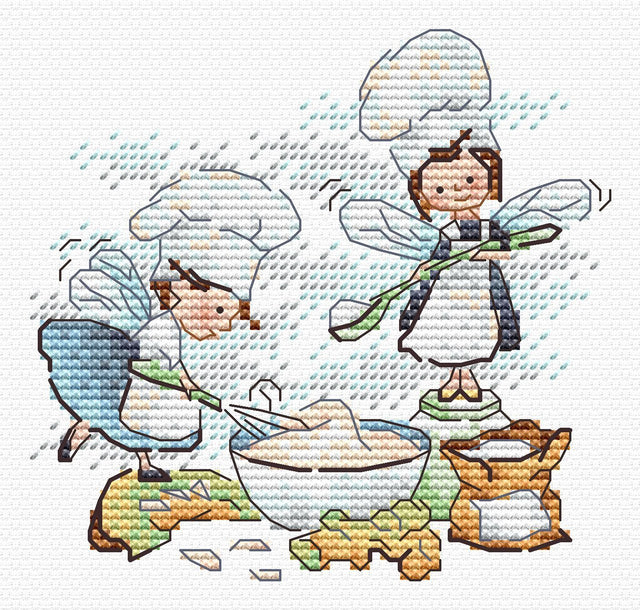 Kit de punto de cruz MP Studia Magia en la cocina SM-983 con escena de fantasía de pequeños personajes cocinando en la cocina