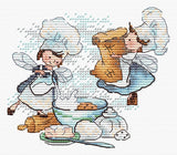 Kit de punto de cruz MP Studia Receta secreta SM-981 con escena de fantasía infantil en la cocina con pequeños personajes y receta secreta