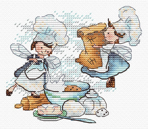 Kit de punto de cruz MP Studia Receta secreta SM-981 con escena de fantasía infantil en la cocina con pequeños personajes y receta secreta