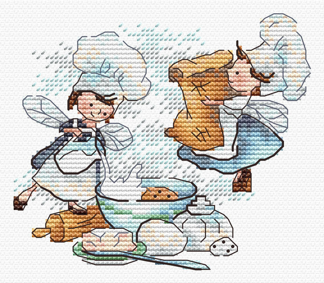 Kit de punto de cruz MP Studia Receta secreta SM-981 con escena de fantasía infantil en la cocina con pequeños personajes y receta secreta