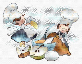 Kit de punto de cruz MP Studia Chefs expertos SM-982 con escena de fantasía infantil en la cocina y pequeños personajes cocinando