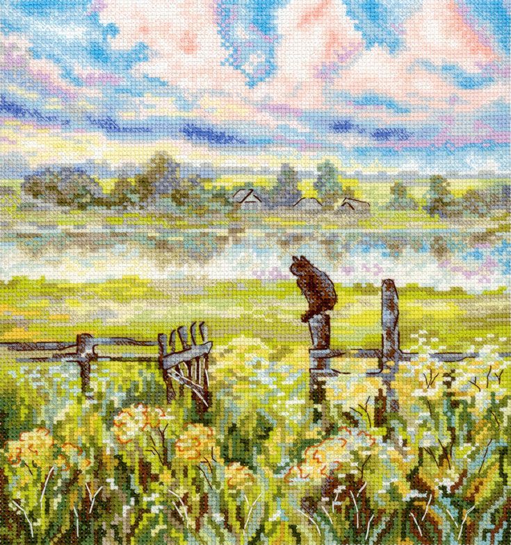 Kit de punto de cruz MP Studia Pastoral de verano SNV-971 con paisaje campestre junto al agua, pradera florida y cielo de verano
