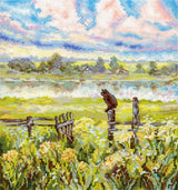 Kit de punto de cruz MP Studia Pastoral de verano SNV-971 con paisaje campestre junto al agua, pradera florida y cielo de verano