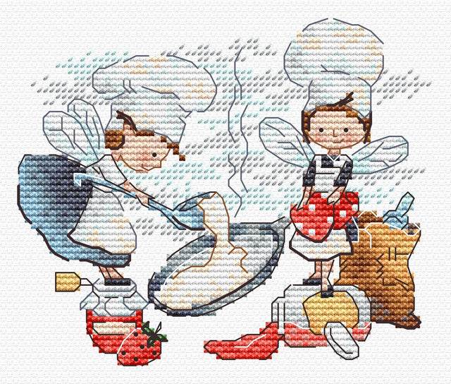 Kit de punto de cruz MP Studia La primera tortita SM-984 con escena de fantasía de pequeños personajes cocinando tortitas en la cocina