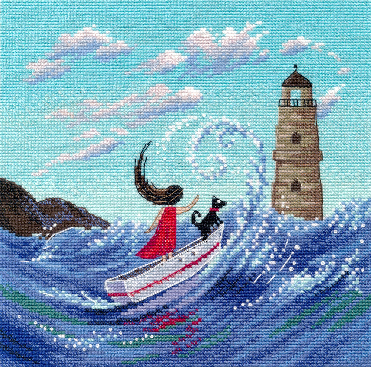 Kit de punto de cruz Oven Sobre las olas 1714 con barca, grandes olas azules y faro junto al mar