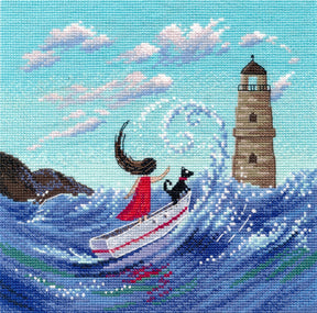 Kit de punto de cruz Oven Sobre las olas 1714 con barca, grandes olas azules y faro junto al mar