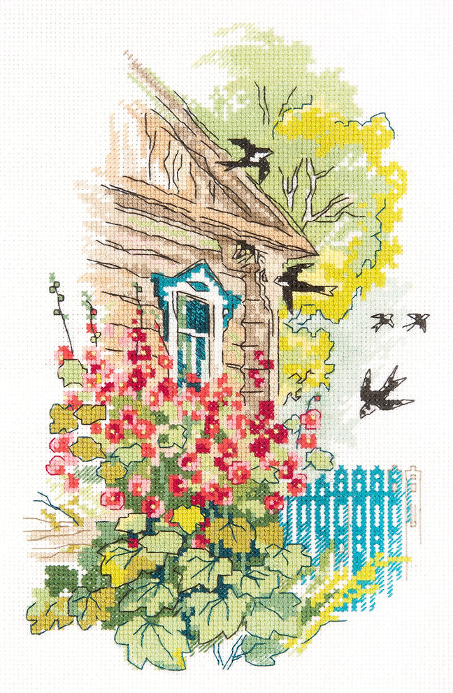 Roses trémières sous la fenêtre - Panna - Kit de point de croix DE-7200