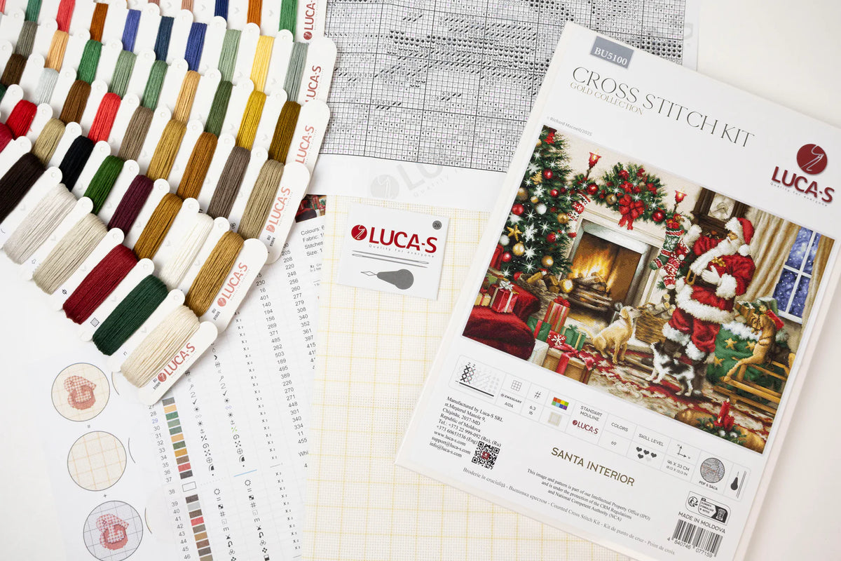 Kit de bordado Luca-S GOLD Santa Interior, hilos premium organizados y tela Aida incluidos navidad