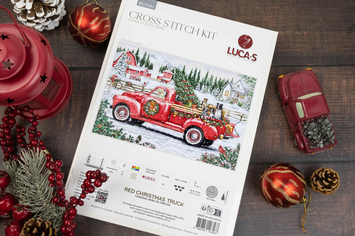 Portada original del kit de punto de cruz Luca-S GOLD BU5101 Red Christmas Truck