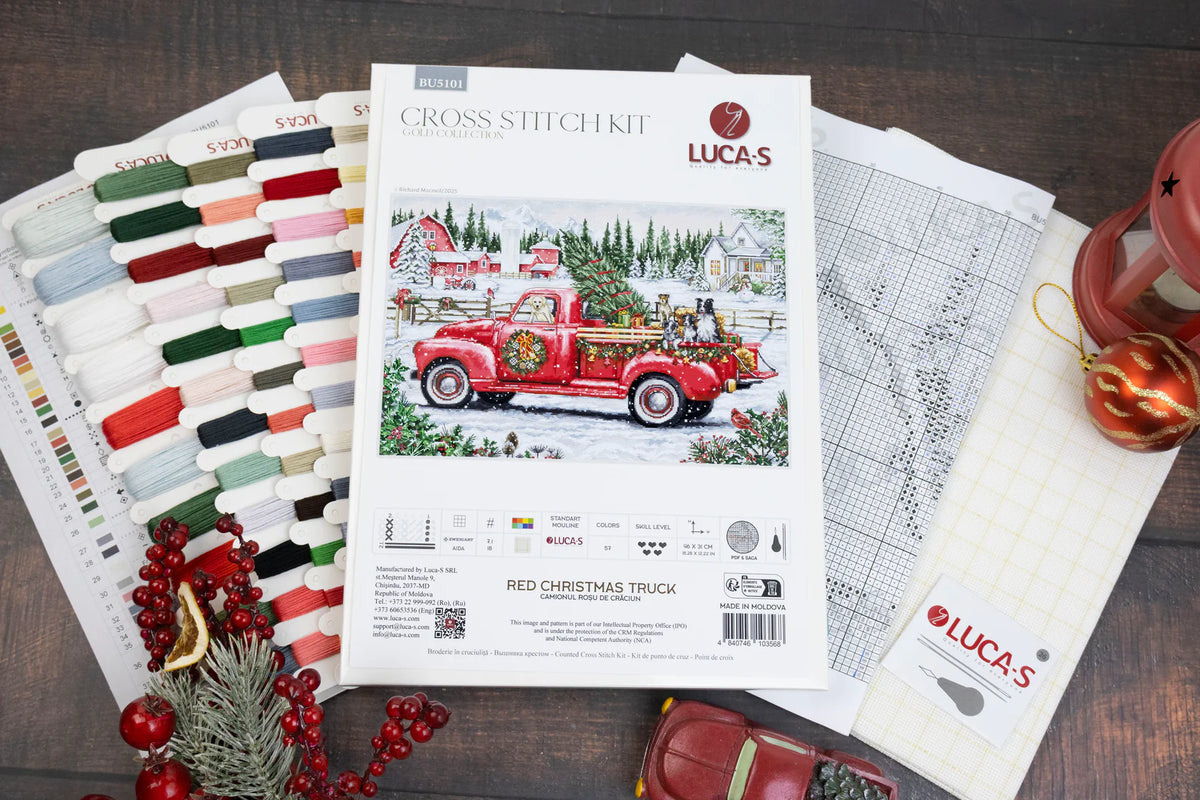 Esquema y hilos incluidos en el kit de punto de cruz Luca-S GOLD BU5101 Red Christmas Truck
