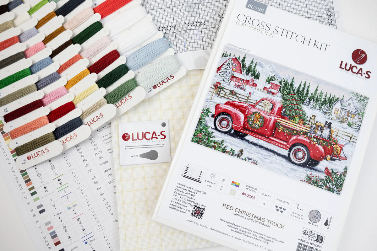 Contenido completo del kit de punto de cruz Luca-S GOLD BU5101 Red Christmas Truck