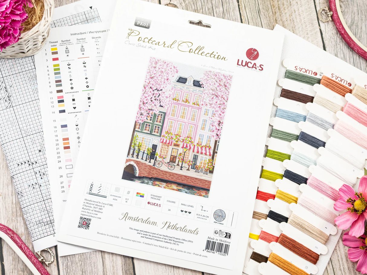 Luca-S Cross Stitch Kit "Amsterdam, Netherlands" PK01 – Houses and Canals 17.5×26 cm