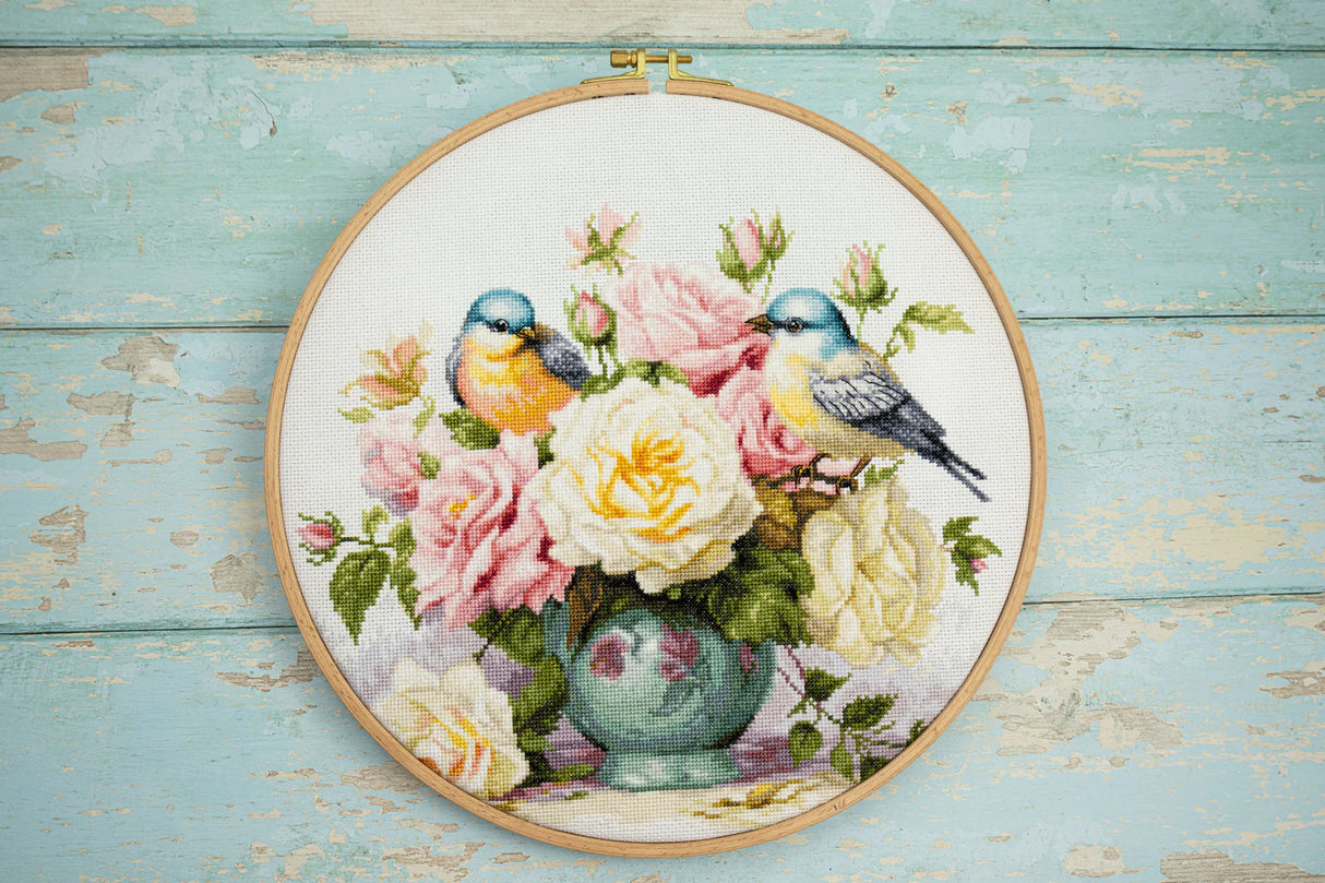 Kit de Punto de Cruz - "Vase with Roses and Birds" de Luca-S, B7038