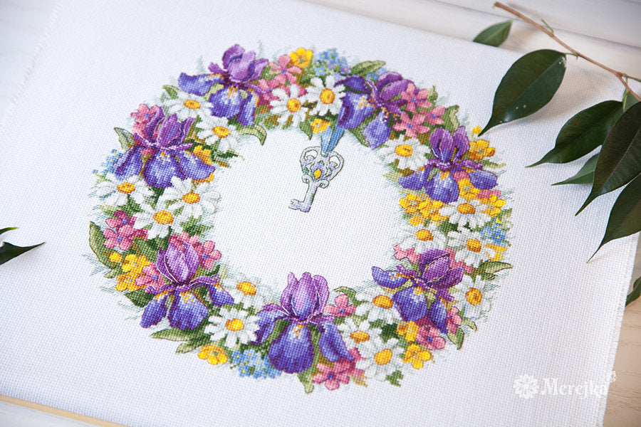 K-108 Wreath with Irises - Merejka - Kit de punto de cruz