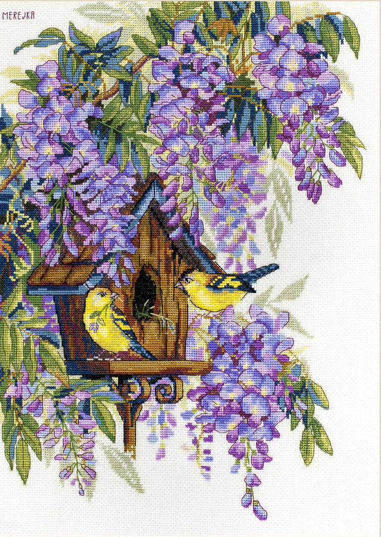 Kit de Punto de Cruz Glicinia (Wisteria) | Merejka K-137 | 27x36 cm | Aida 16 ct + Hilos DMC