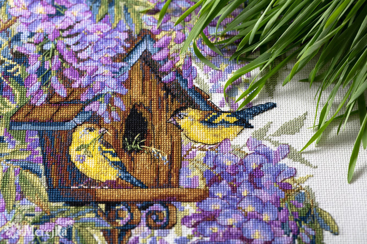 Kreuzstich-Set Blauregen (Wisteria) | Merejka K-137 | 27x36 cm | Aida 16 ct + DMC-Garn