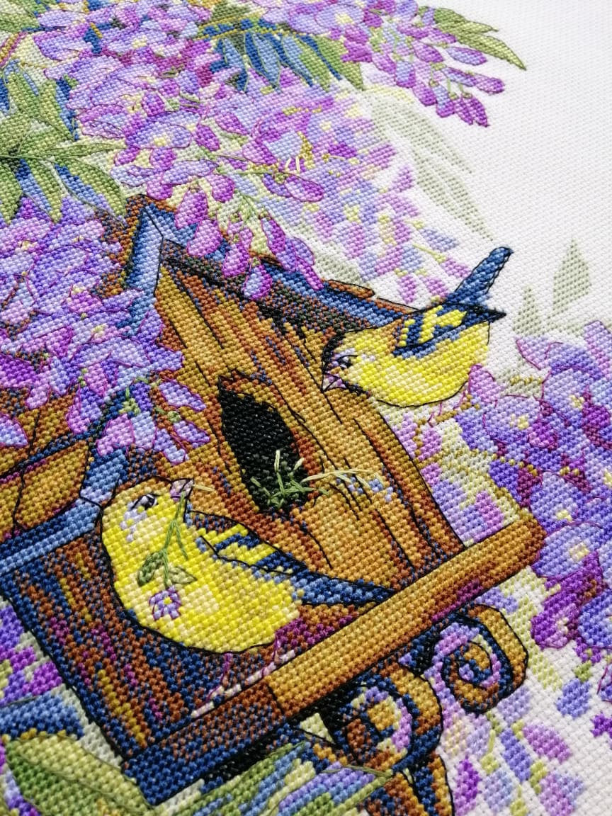 Kreuzstich-Set Blauregen (Wisteria) | Merejka K-137 | 27x36 cm | Aida 16 ct + DMC-Garn