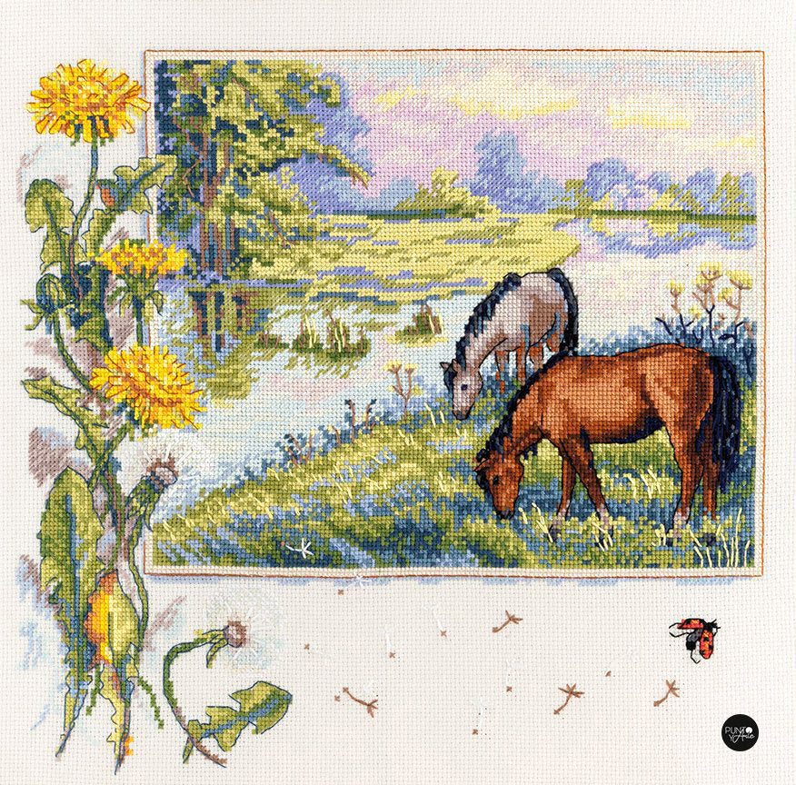Kit de Punto de Cruz Merejka K-139 Caballos en el Paisaje – Aida Zweigart 16ct, 30×30 cm
