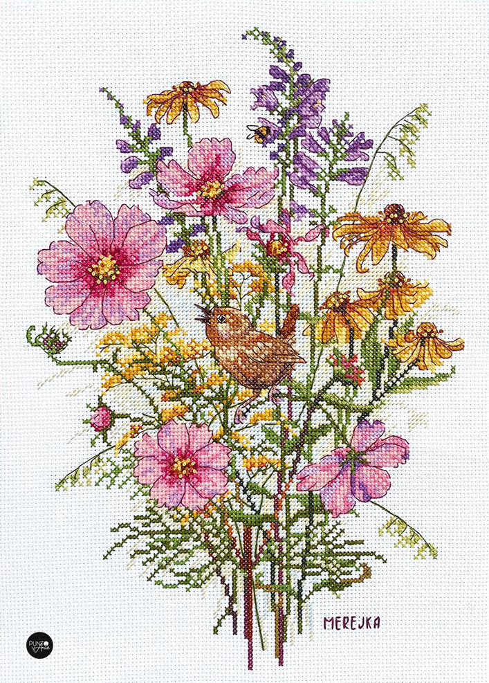 Kreuzstich-Set „Septemberblumen und Blaumeisen“ von Merejka – K-197