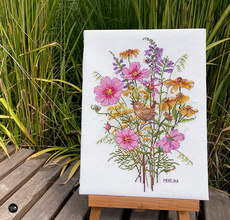 Kreuzstich-Set „Septemberblumen und Blaumeisen“ von Merejka – K-197