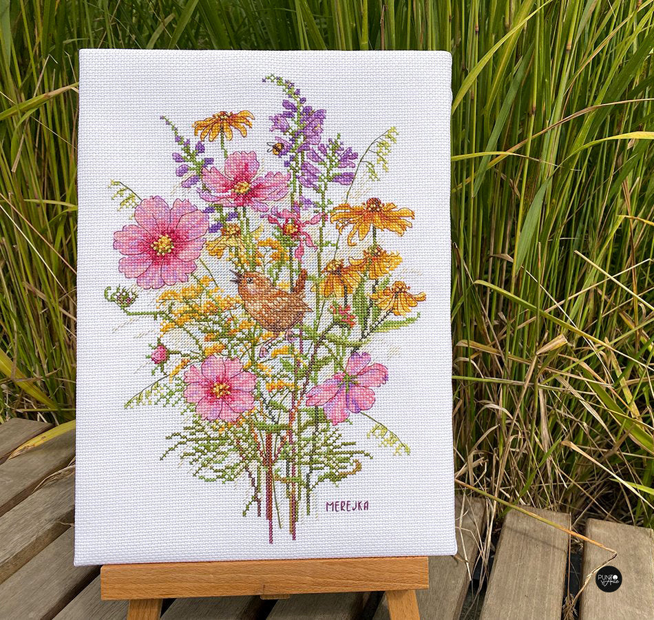 Kreuzstich-Set „Septemberblumen und Blaumeisen“ von Merejka – K-197