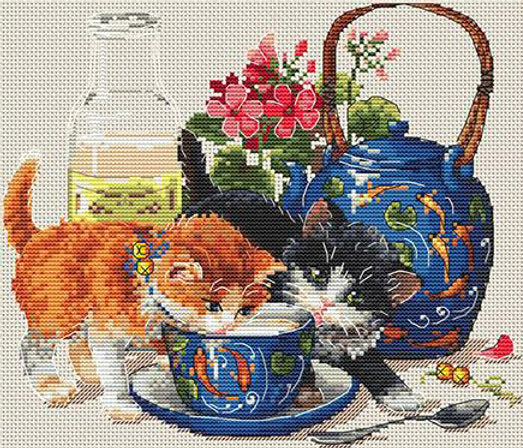 Kit de Punto de Cruz Gatitos y Leche | Merejka K-66 | 23x20 cm | Aida 16 ct + 33 Colores DMC