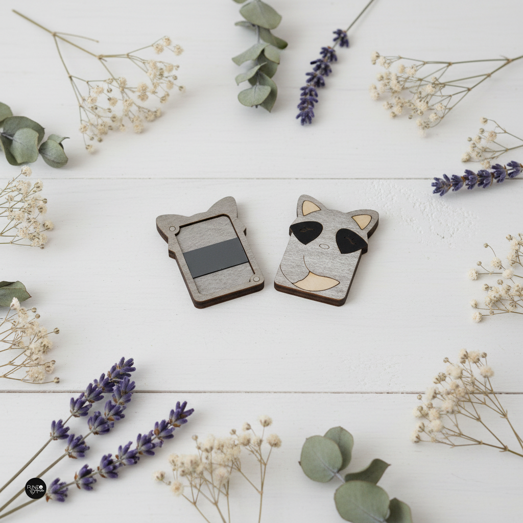 Wooden needle case with magnets. Raccoon - Wizardi KF056/8